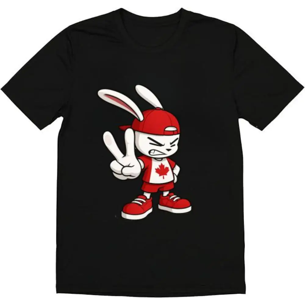 

Funny Canada Bunny T-Shirt - Patriotic Maple Leaf Rabbit Graphic Tee, Unique Cool V-Sign Animal Print Top for Women