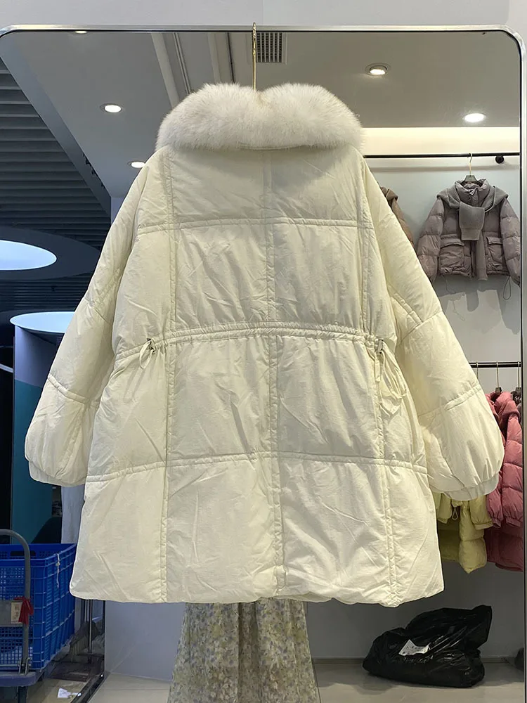 Korean Large Fox Fur Collar Long Down Jacket Women 2023 New Loose Casual Winter Oversized White Duck Down Coats Thick Warm Parka