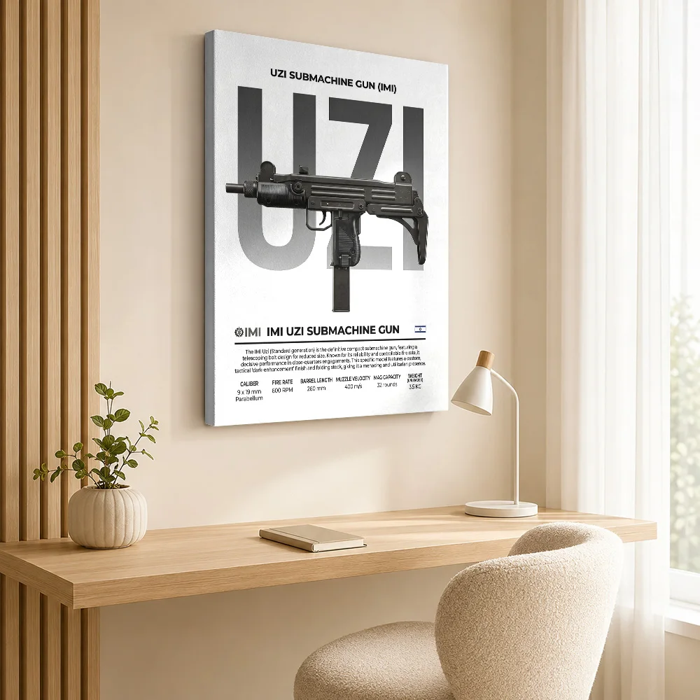 Black Uzi Submachine Gun Technical Canvas Print Poster Personalized Photo Gallery Aesthetic Wall Art Office Decor Veteran Gift