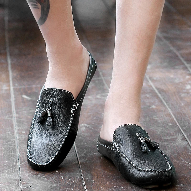 Summer Tassel Half Shoes For Men Dress Shoes Mules Man Slides Leather Casual Shoes Backless Loafers Slippers Flats Sandals 2023