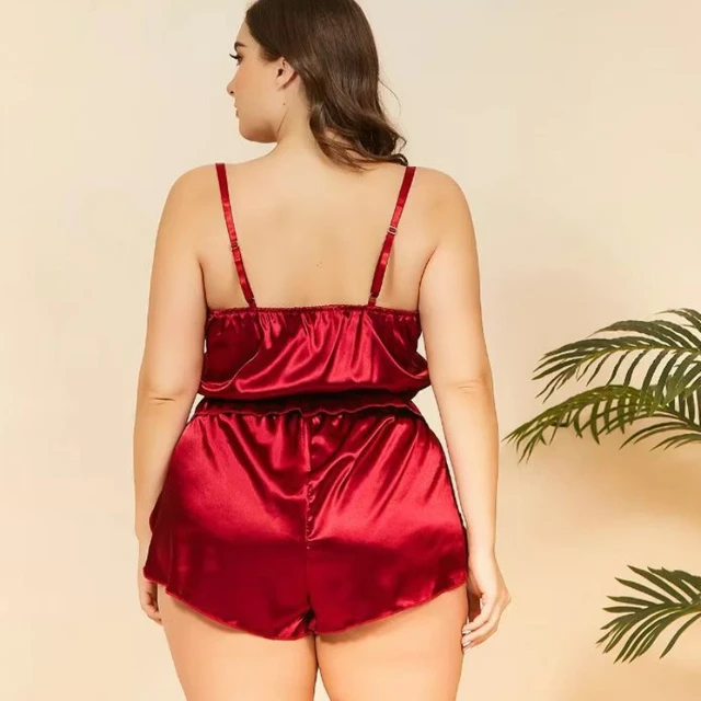 103392-fed197.jpg Ensemble pyjama grande taille femme, débardeur et short, vêtement de nuit uni en satin de soie à fines bretelles, tenue d'intérieur, pyjama femme