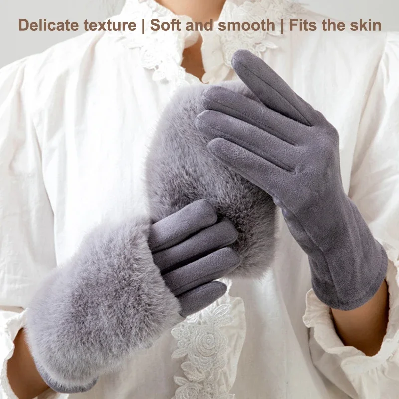 

Женские утепленные замшевые перчатки, зимние теплые со съемной термоподкладкой из искусственного меха кролика для вечеринок, перчатки для холодной погоды
