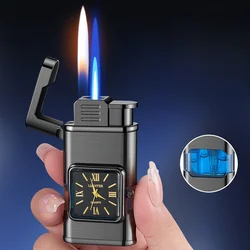 Creative True Watch Dual Flame Butane Gas Lighter Visual Gas Window Open Flame Switching Windproof Jet Blue Flame Cigar Lighters