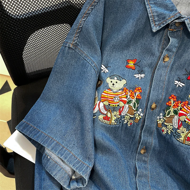 Blue Bear Embroidery Patchwork Denim Blouse Women Short Sleeve Japanese Shirts 2022 Summer Korean Tops Female Clothes Harajuku
