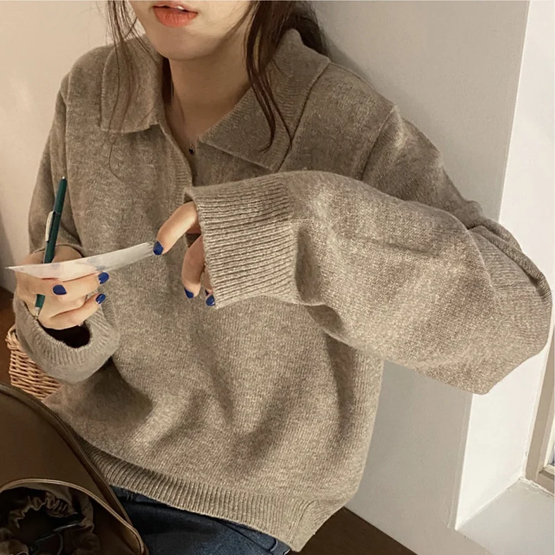 Alobee V-neck Sweater Outer 2024 Wear Women Autumn and Winter Loose Idle Sle Knitted Polo Shirt Pullover Top