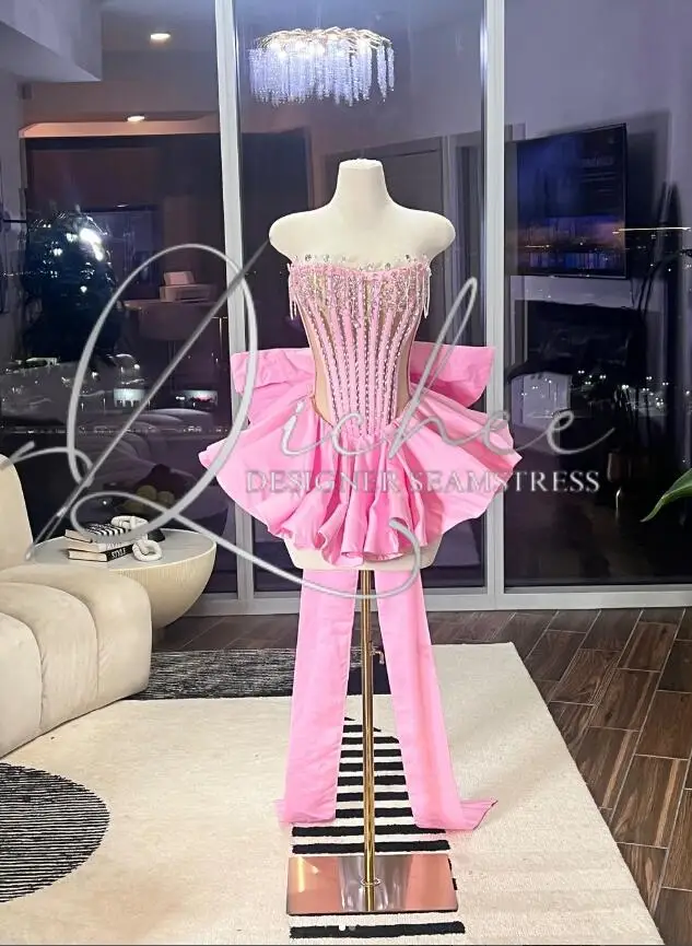 Lovely Pink Short Prom Homeocming Dresses Puffy Skirt Lace-up Corset Sparkly Crystal Boning Birthday Gala Evening Gown Customsiz