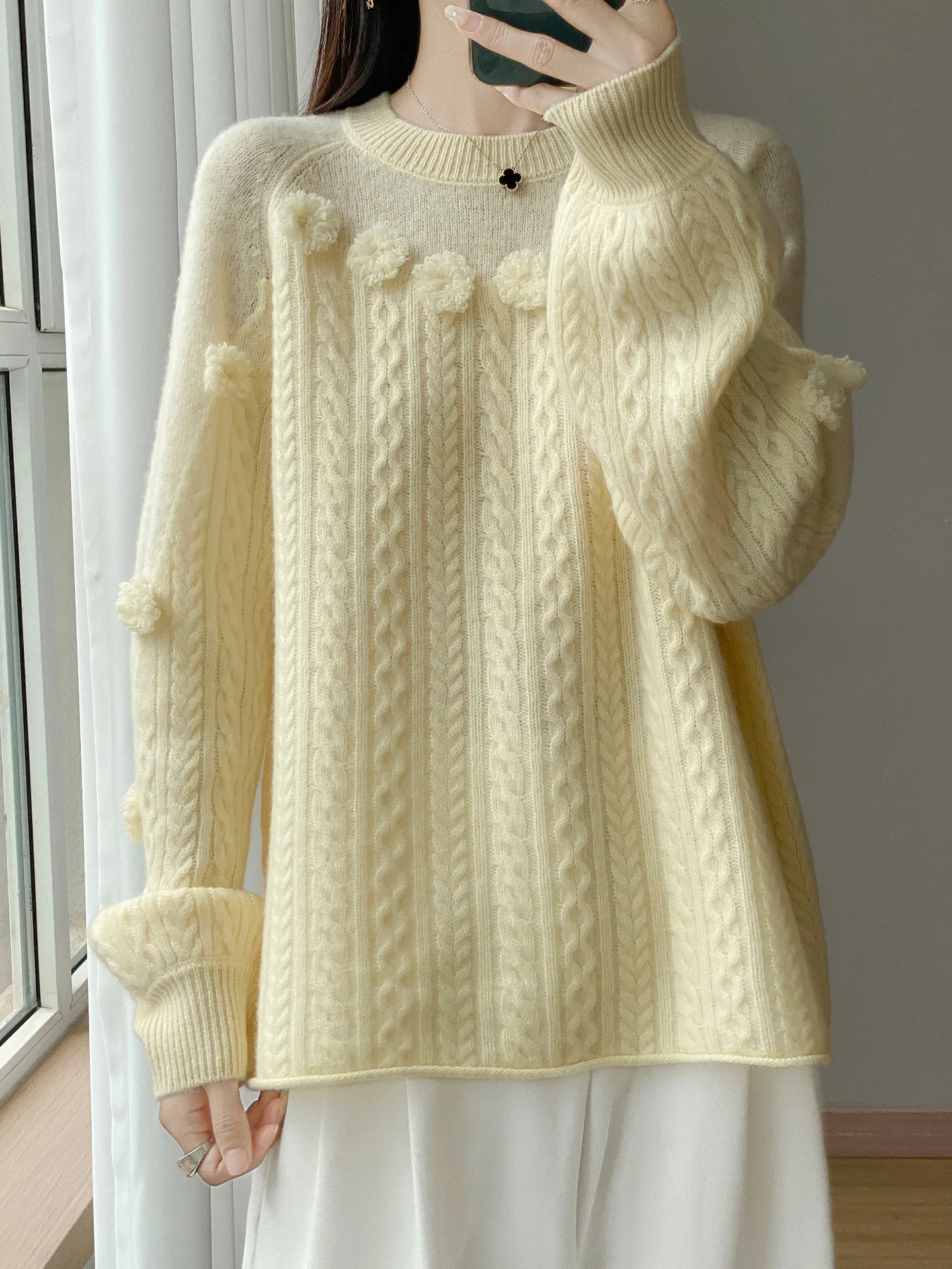 

Утолщенный свитер из 100% чистого кашемира, женский мягкий восковой свитер с круглым вырезом, свободный кашемировый свитер с цветочным декором