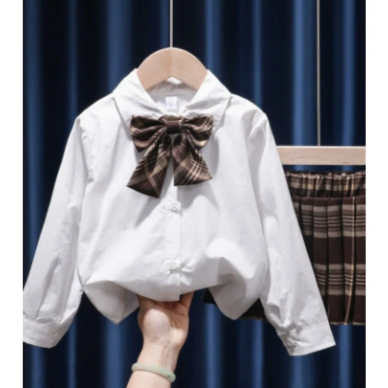Girls' Spring Autumn Sweet and Spicy Style College Style Shirt Knitted Coat Plaid Pleated Skirt Half Skirt Three Piece Set