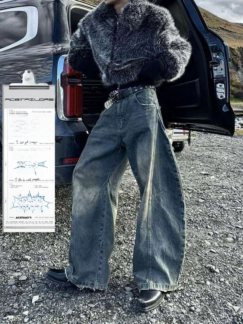 Retro American Washed Denim Jeans Men's High Street Mud Dye Loose Flared Knife Wide Leg Pants Youth Trendy Cotton Polyester
