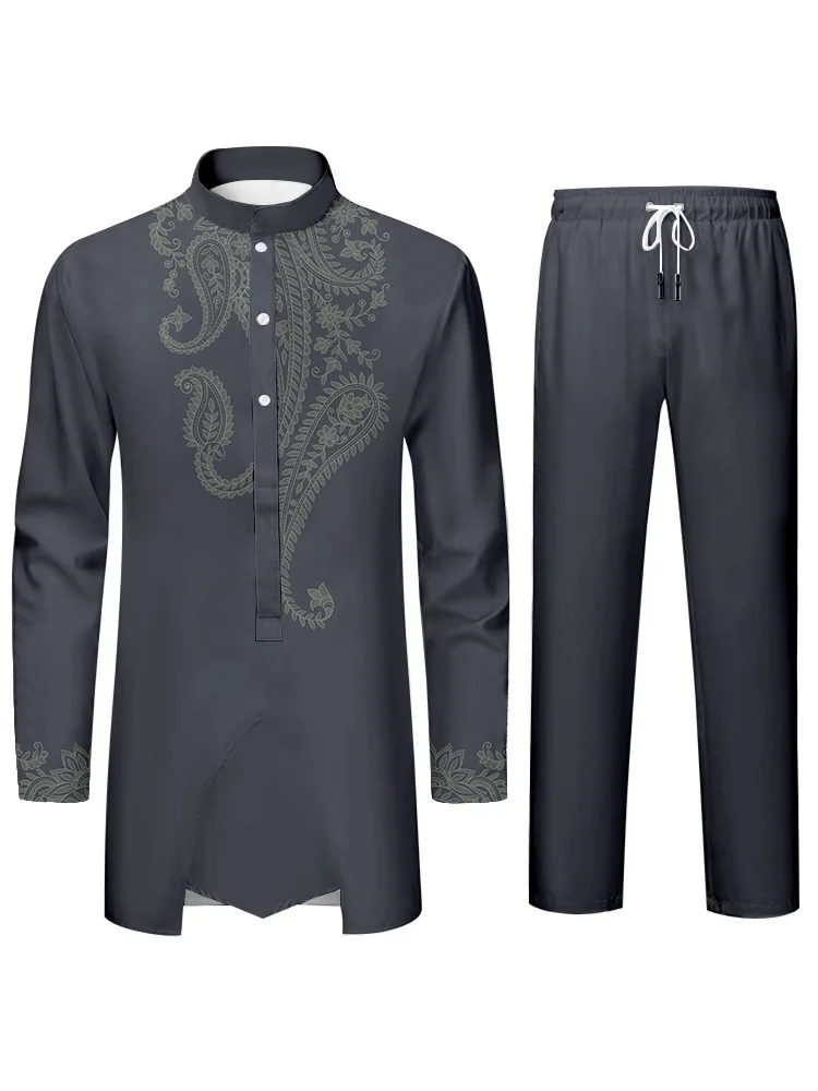 Arab Cultural Dresses Men's Suits Elegant 3D Printed Prints Halter Collar Long Sleeve Shirts and Trousers Traditional Dresses