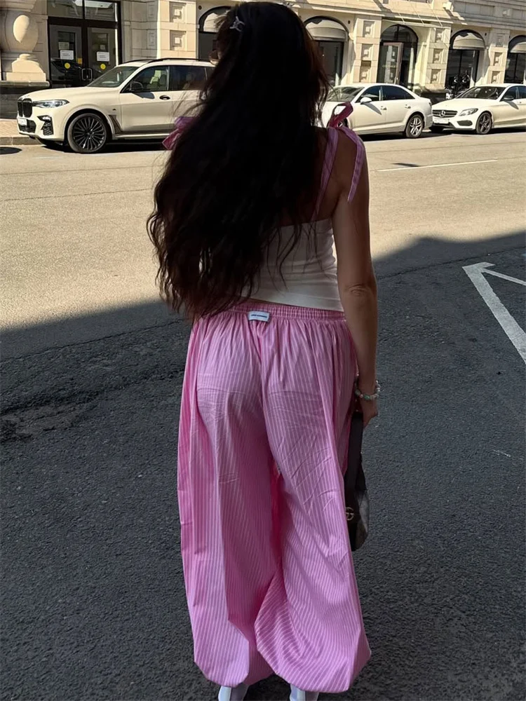 Women's Striped Lace-Up High-Waist Loose Casual Pants