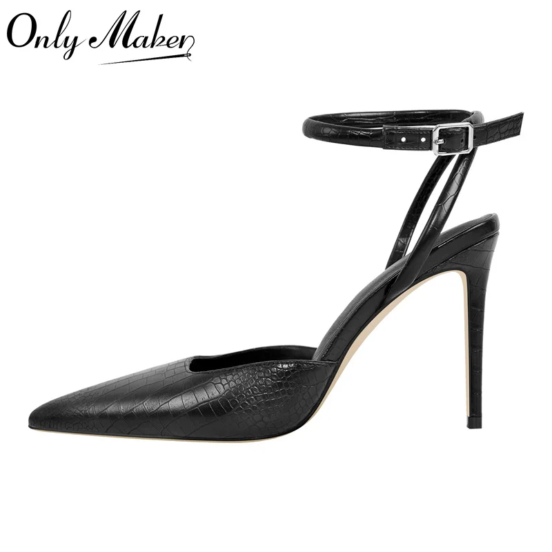 Onlymaker Women Pointed Toe Stiletto Ankle Strap Pumps Thin High Heel Ankle Strap Black  Patent Leather Heels