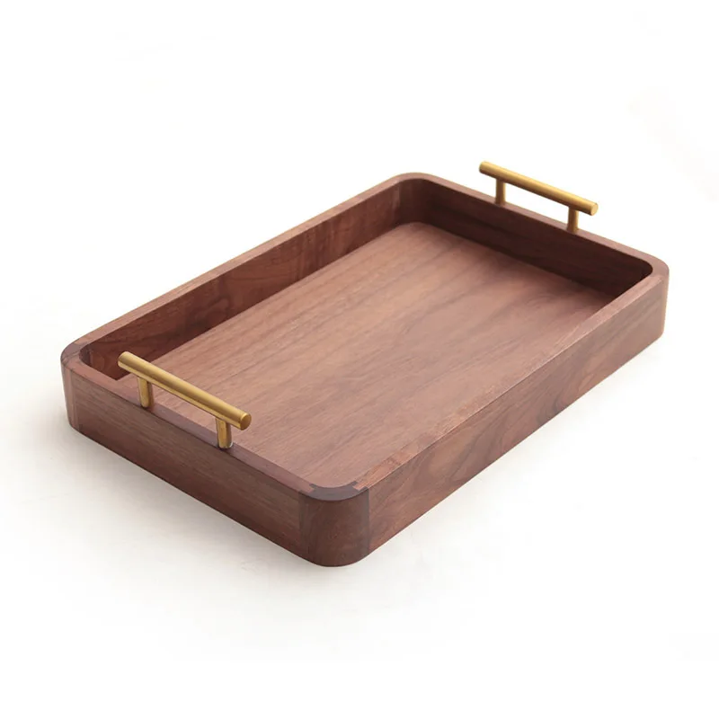 

Black walnut simple mortise and tenon tray, sundries storage wooden Japanese-style metal handle on both sides