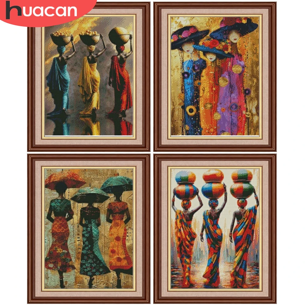 HUACAN Stickerei-Sets für Frauen, indisch-afrikanisch, 11CT, bedrucktes Kreuzstich-Set, Porträt, Handarbeiten, Nadelarbeit, DMC, gezählt, bedruckt