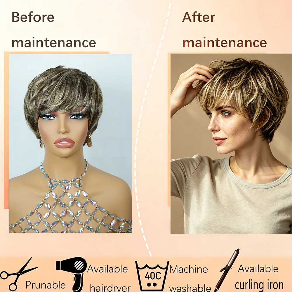 Women's Short Hair Real Hair Wig with Pixie Cut