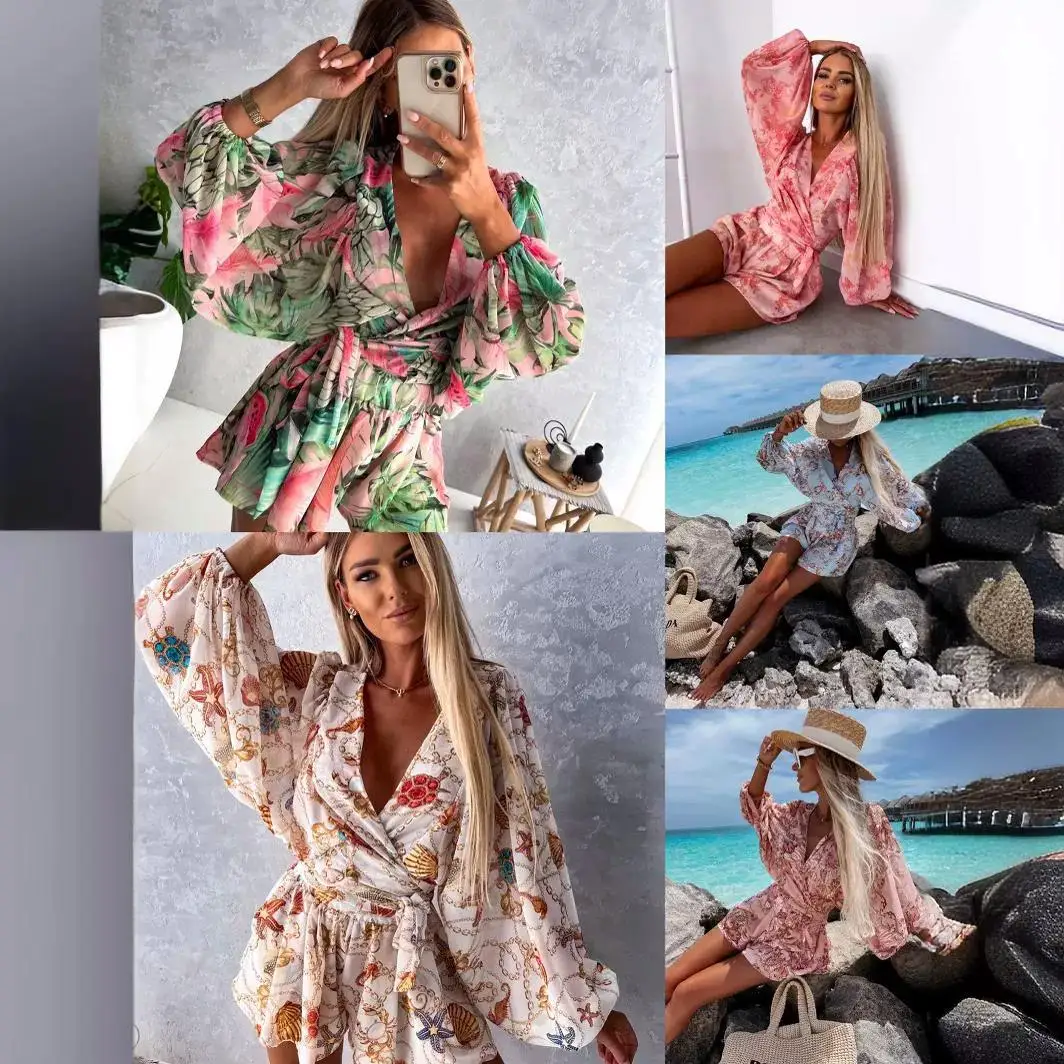 

Женский комбинезон с принтованным воротником, длинными рукавами, шнуровкой, завышенной талией, из полиэфирного волокна, для повседневной носки