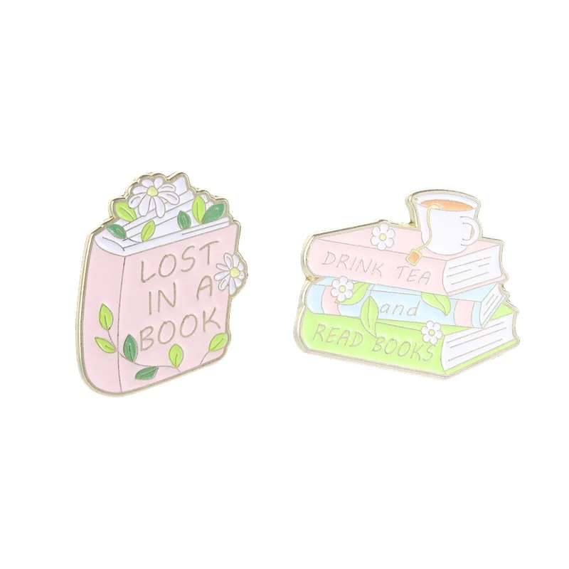 Lost In A Book Drink Tea And Read Books Enamel Pin Sweet Fresh Floral Vine Decorated Book Brooch Bag Lapel Badge Jewelry Gifts