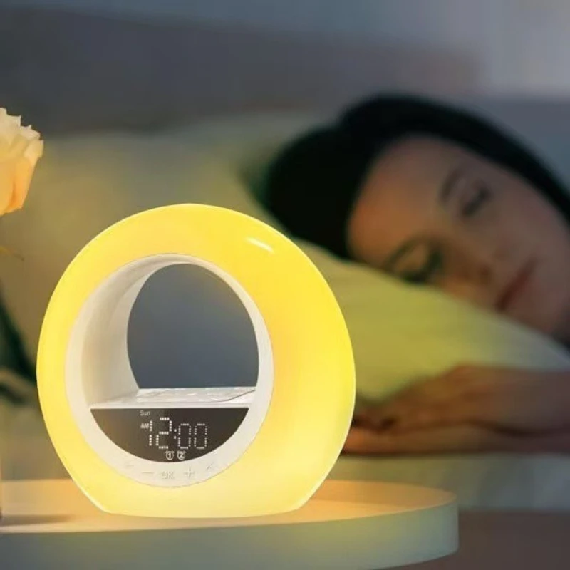 Wireless Charging Rainbow Ambiance Sleep Lamp, Bedroom Wake-Up Night Light Smart Electronic Alarm Clock, Simulated Dawn