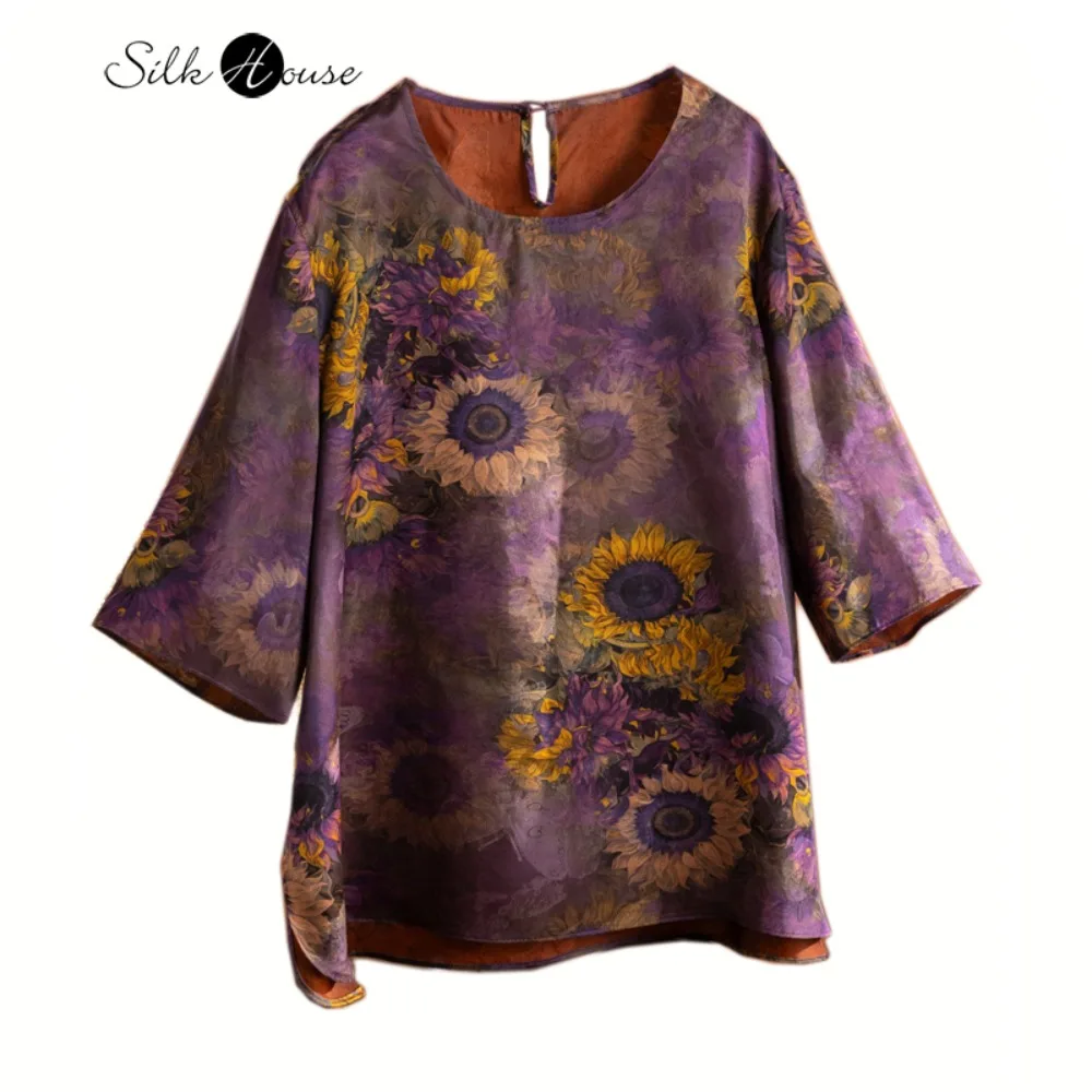 

Plus Size 2026 Women's Fashion Clothing Purple 100% Natural Mulberry Silk Red Cloud Yarn Round Neck Short Sleeve Loose T-shirt