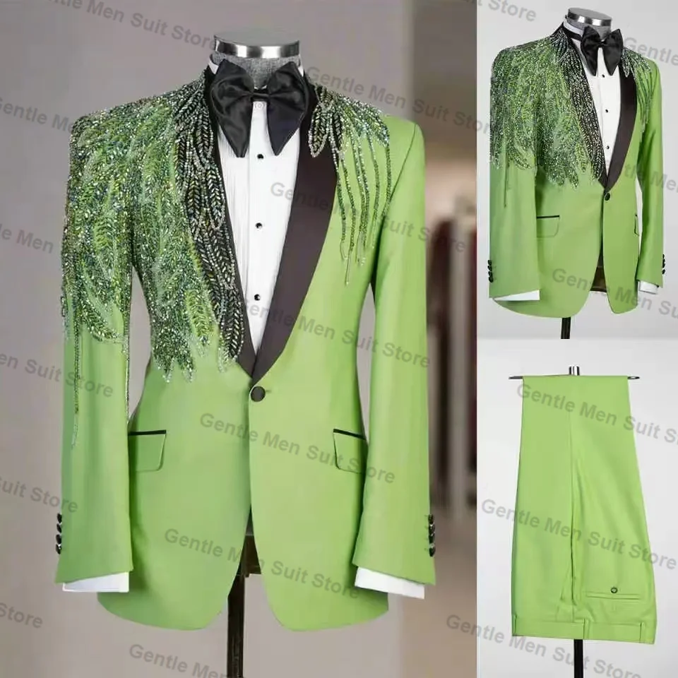 

Green Men Suits Set 2 Piece Blazer+Pant Luxury Crystals Wedding Tuxedo Coat Customized Formal Office Cotton Jacket Trouser