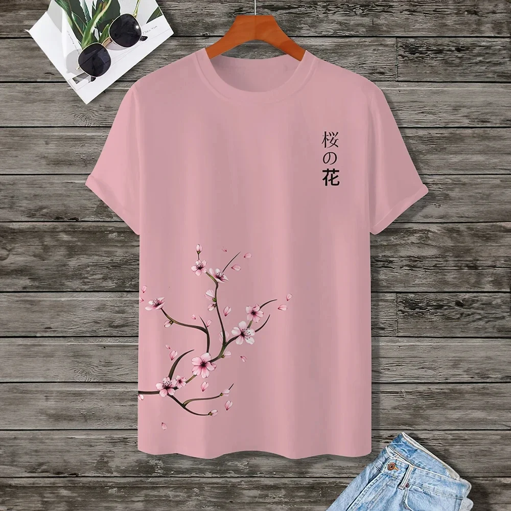 New Cherry Blossom 3D Printed Minimalist Men's T-shirt, Casual Loose Oversized Street Short Sleeves, Fashionable Men's Clothing