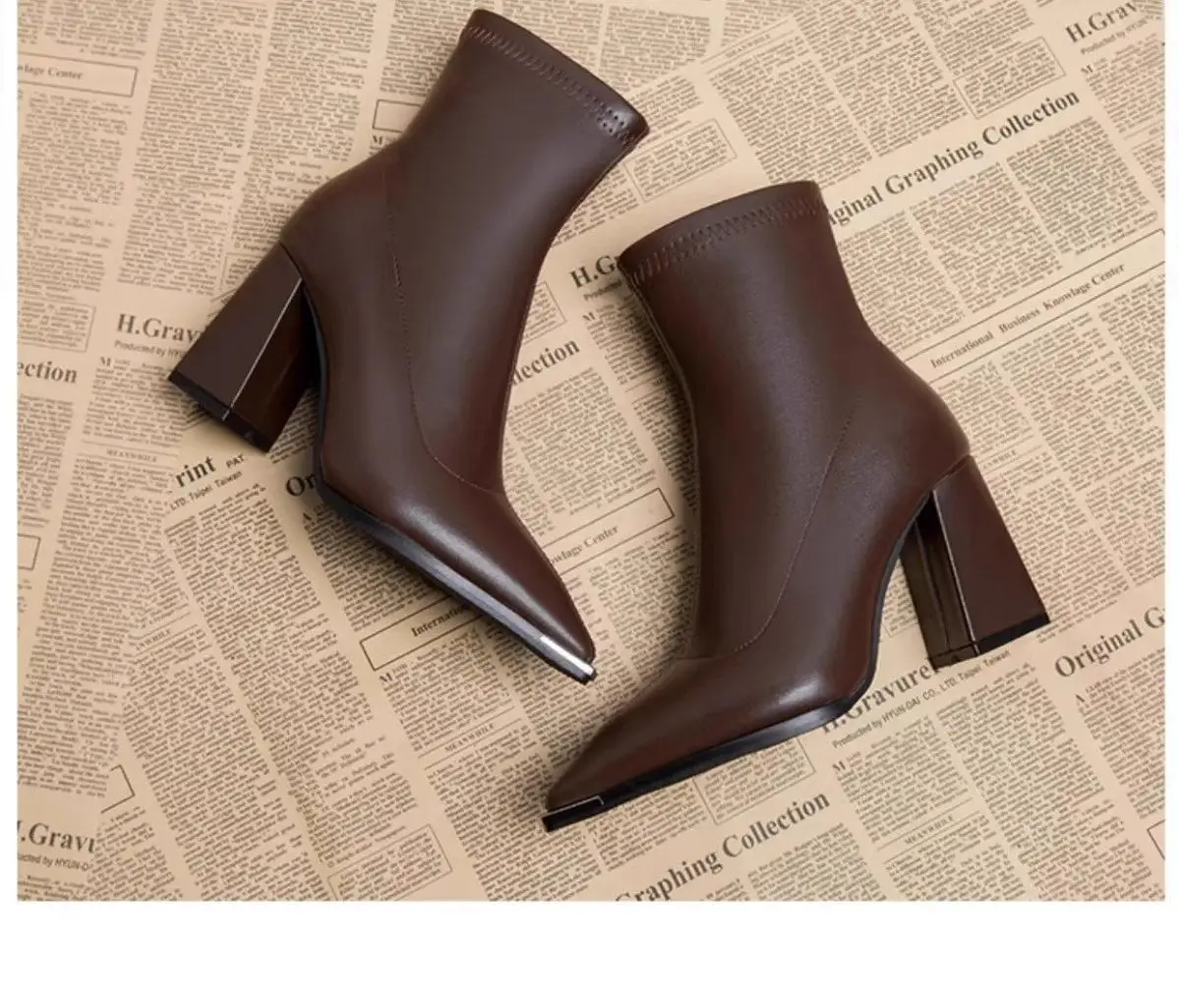 Damen Stiefeletten Blockabsatz High Heel Metallspitze Spitzer Zehenbereich Kurze Stiefel Reißverschluss PU Leder Herbst Winter Elegante Abendschuhe Büro Halbstiefel Bequem – Detail 2