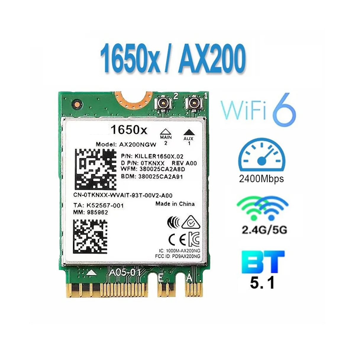 Carte réseau sans fil pour Intel 1650X, AX200, AX200NGW, 3000Mbps, 2.4G, 5G, WiFi, 6 + BT, 5.1 Gigabit, prend en charge Win11