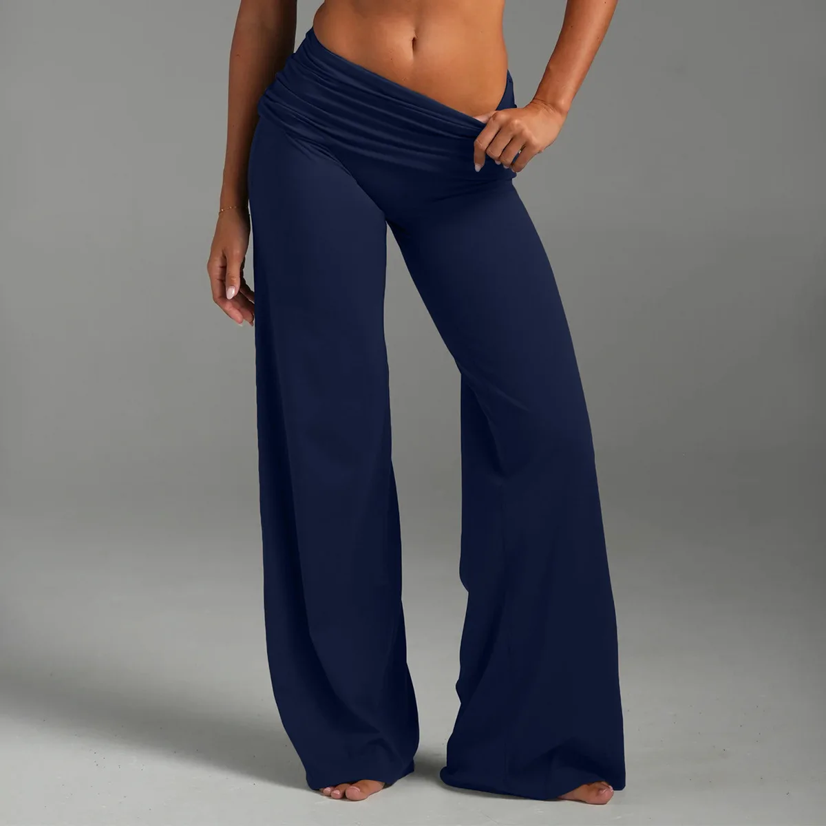 SW-T Women Fold Over Waist Wide Leg Yoga Pants Ruched Waistband Soft High Stretch Flared Trousers Casual Workout Gym Pants