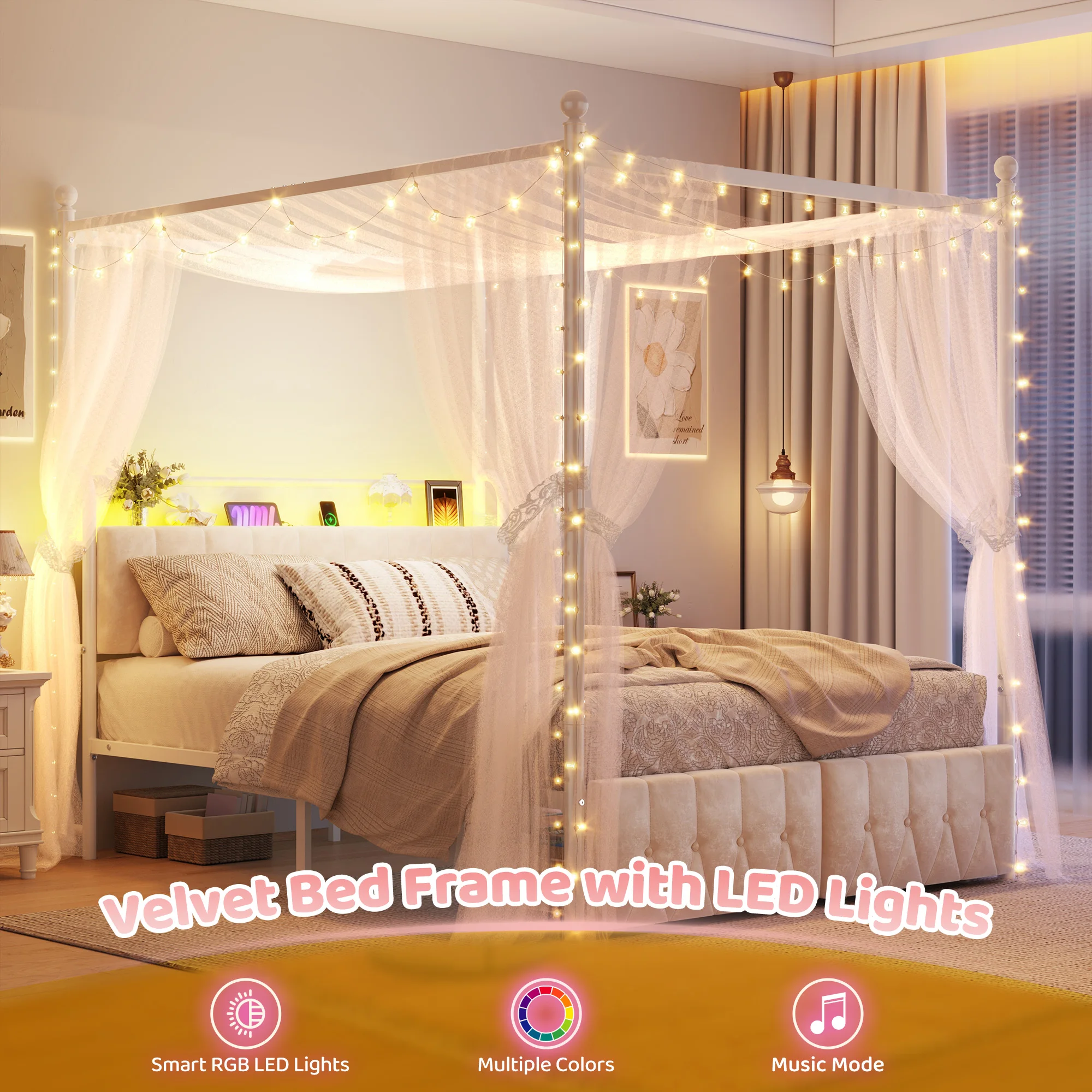 EnHomee Canopy Bed Frame with LED Lights & Charging Station, Two-Use Velvet Bed with 2 Drawers and Storage Upholstered Headboard,4 Removable Posts,Heavy Duty,Easy Assembly