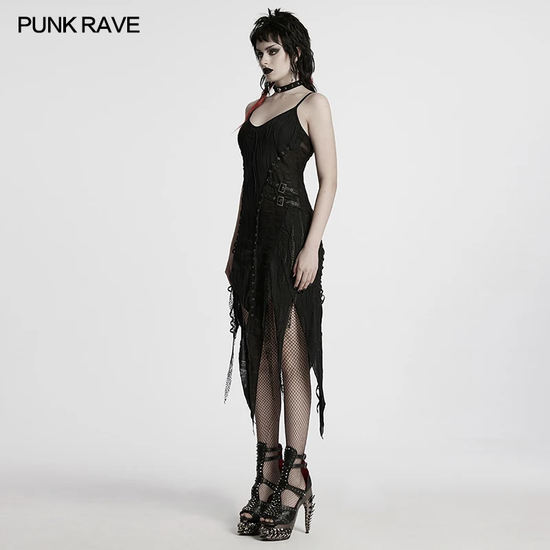 PUNK RAVE Women's Goth Irregular Sharp Split Dress Gothic Beauty Side Lace Ties Eyelets Staggered Design Club Black Sexy Dresses