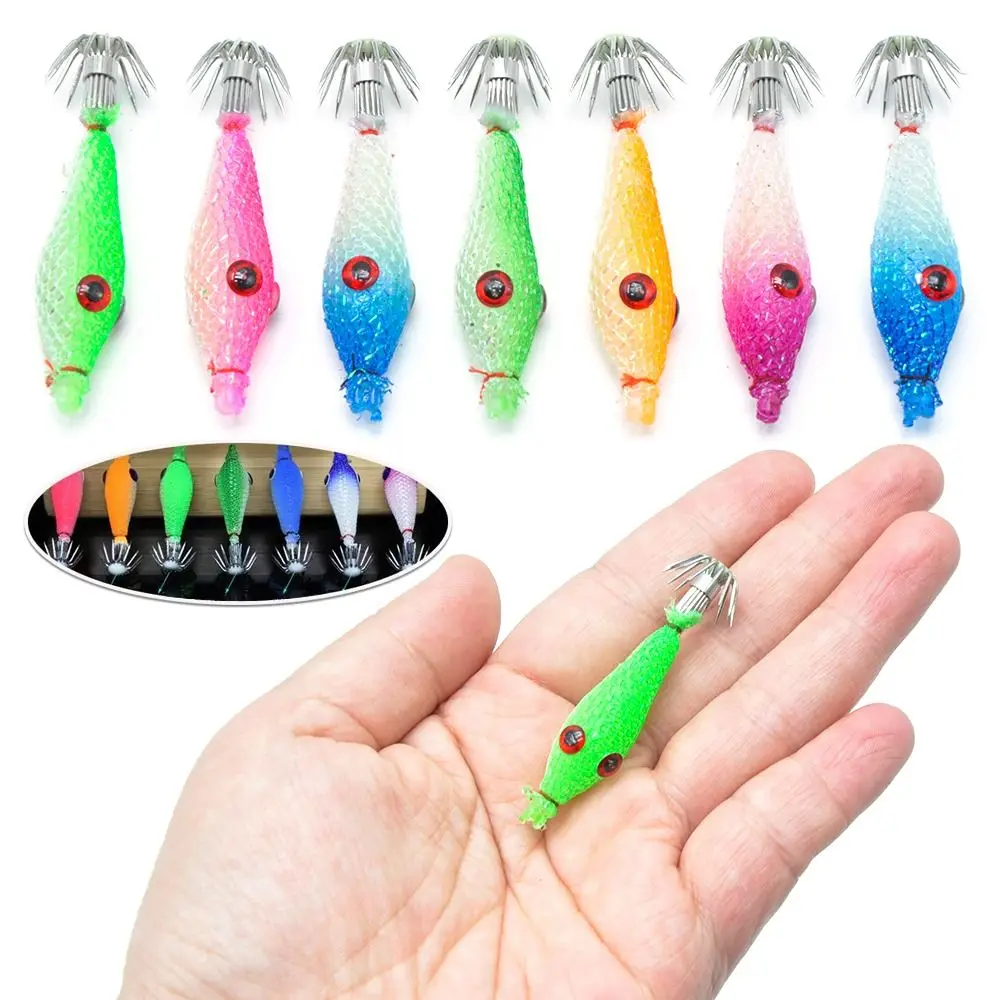 7pcs/Pack 2.4g 5.5cm Luminous Squid Jigs Light Umbrella Stainless Steel Hook Fishing Cuttlefish Shrimp Octopus Bait Lure Jigging