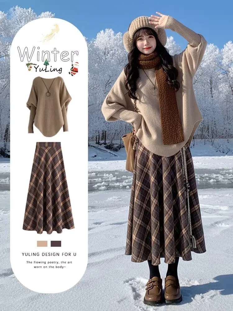 

Retro Knitted Sweater And Plaid Skirt Women's Faion Set Casual Loose Fit Long Sve Autumn Winter Spring Seasonal Wear