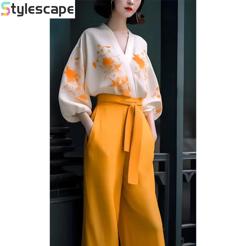 2024 Early Spring and Autumn New Maillard Fashion New Chinese Retro High End Slimming and Meat Covering Shirt Wide Leg Pants Set