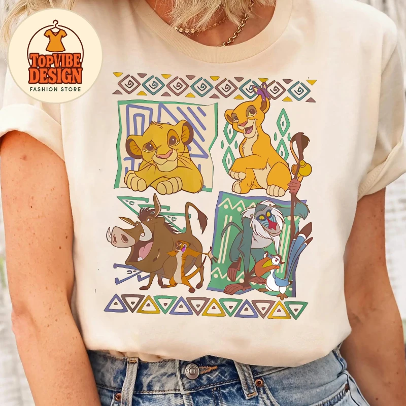 تي شيرت مريح بألوان الأسد الملك ريترو 90s سيمبا وتيمون تي شيرت هاكونا ماتاتا ديزني وورلد ديزني لاند رحلة تي شيرت ، هدية مروحة ديزني