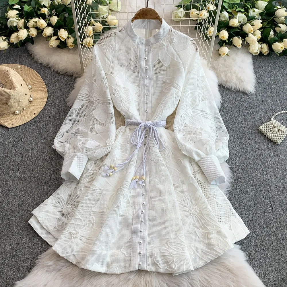 

Sweet A-line Skirt 2025 Summer New Style Stand up Collar Lantern Sleeve Embroidered Hook Flower Single Row Buckle Waist Dress