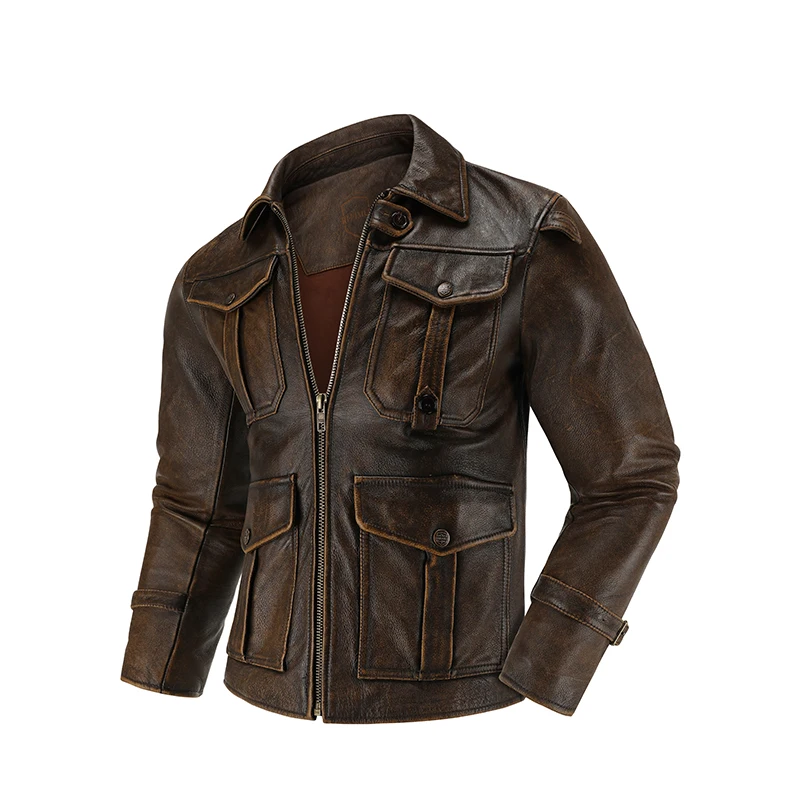 

2025 New Top-Layer Cowhide Leather Jacket Men's Four Seasons Motorcycle Leather Jacket Slim-Fit Lapel Multi-Pocket Jacket