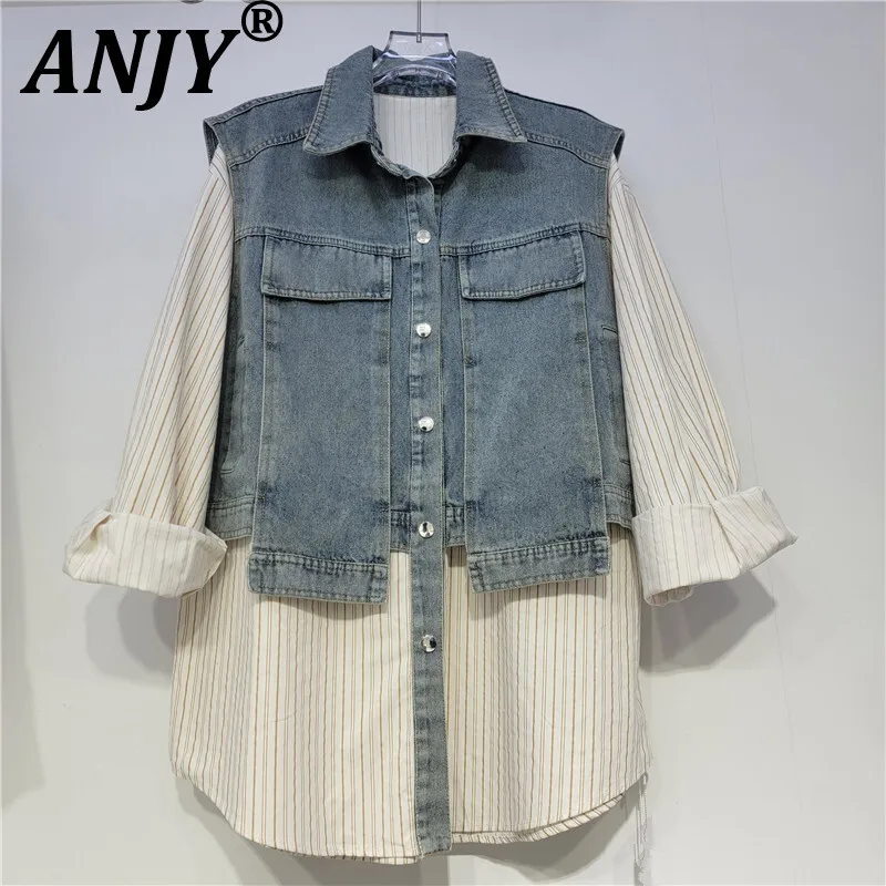 

ANJY Autumn New Women Shirt Fake Two-Piece Denim Patchwork Contrast Color Turn-down Collar Versatile Coat Streetwear Tops A10353