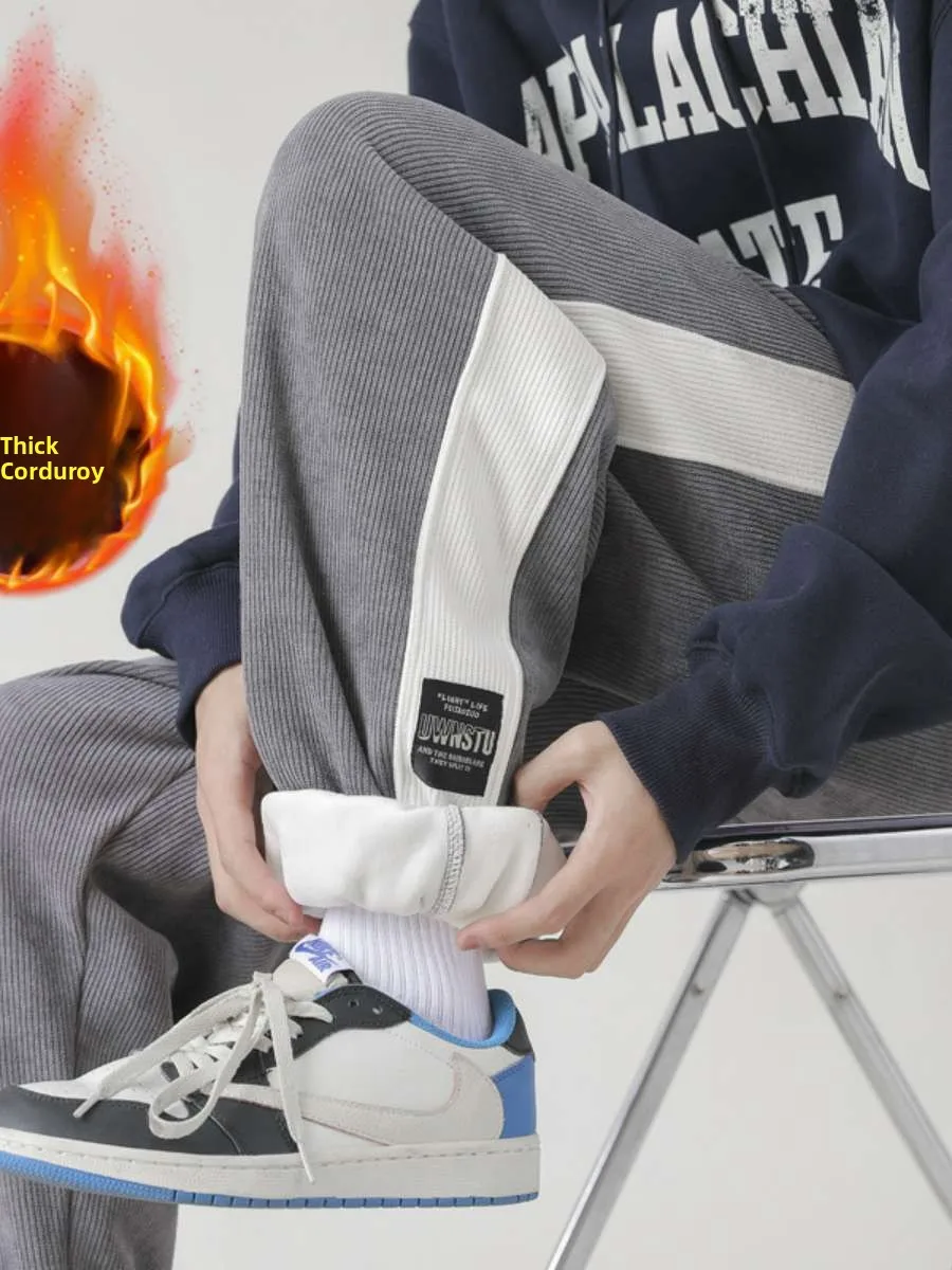 

Мужские спортивные брюки с высокой талией, на флисовой подкладке, утепленные, с манжетами, повседневные, осенне-зимние, уличный стиль, весенние, тонкие, эластичные, без пояса