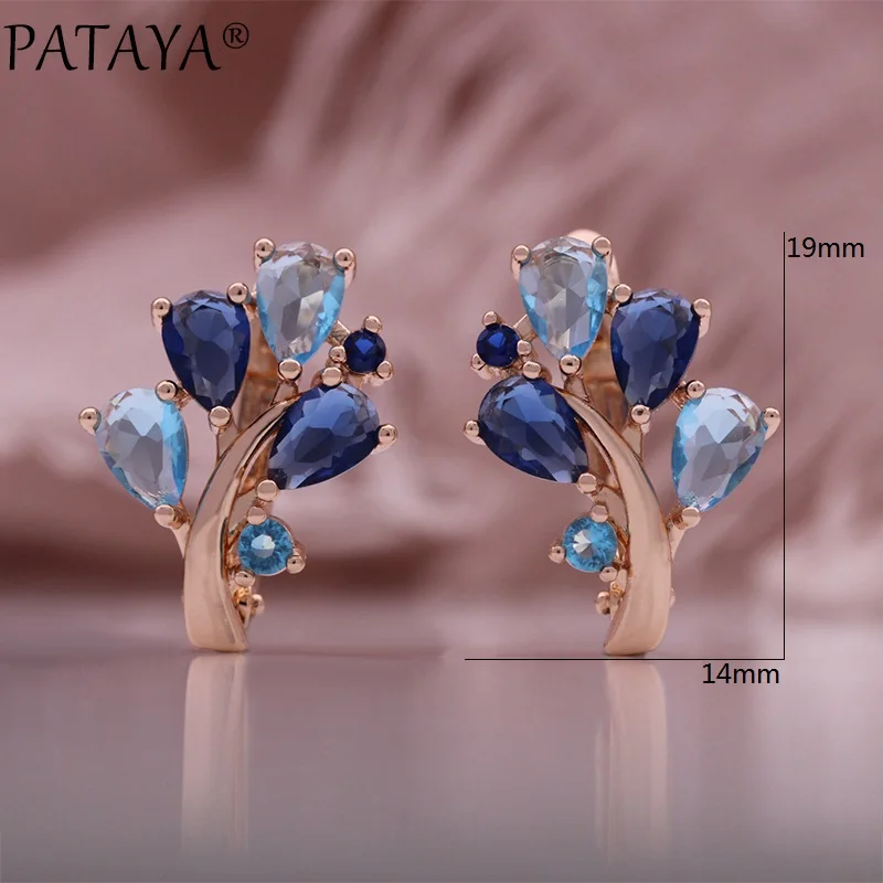 PATAYA Blue Leaf Shaped Micro Zirconia Earrings Ring Fashion Set 585 Rose Gold Color Jewelry Daily Fine Women\'s Set