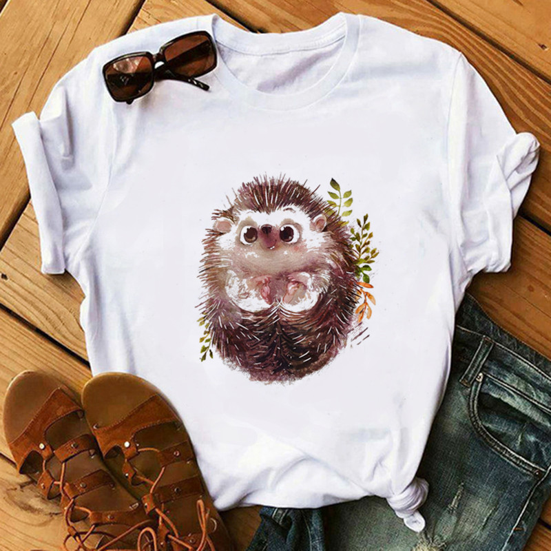  Cat Cool Clothing Fashion Hedgehog Print Clothing Women TShirt Aesthetics Graphic White Short Sleeve Polyester Women's T Shirt 