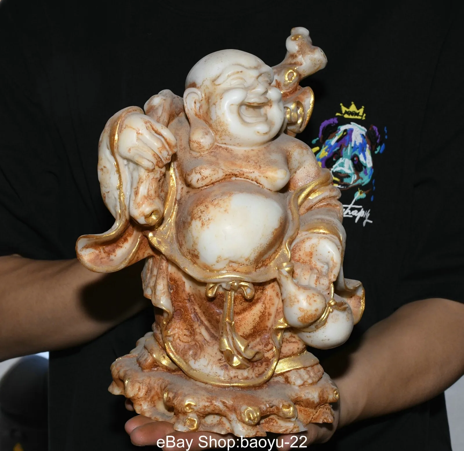 Old Dynasty Buddhism Temple White Jade Gilt Happy Laugh Maitreya Buddha Statue