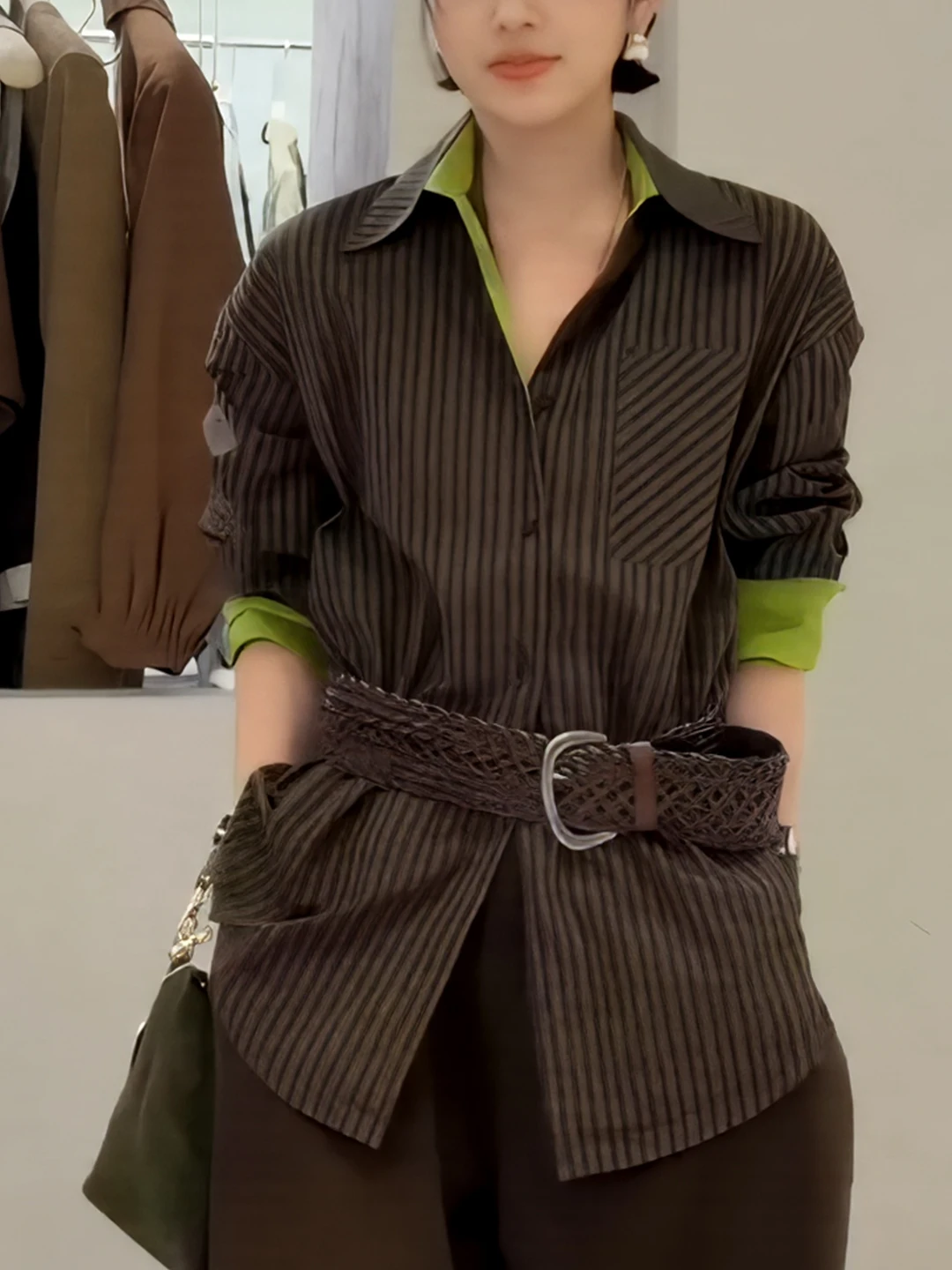 

Ретро-рубашка в полоску с цветовыми блоками и длинными рукавами для женщин, осенне-зимняя, с эффектом утяжки талии, на одной пуговице