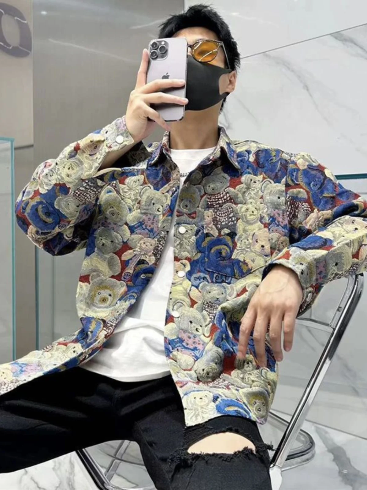 

Вязаное джато с медведем в стиле ретро, свободное повседневное модное мужское пальто с модным воротником, молодежное осенне-зимнее длинное пальто с принтом све