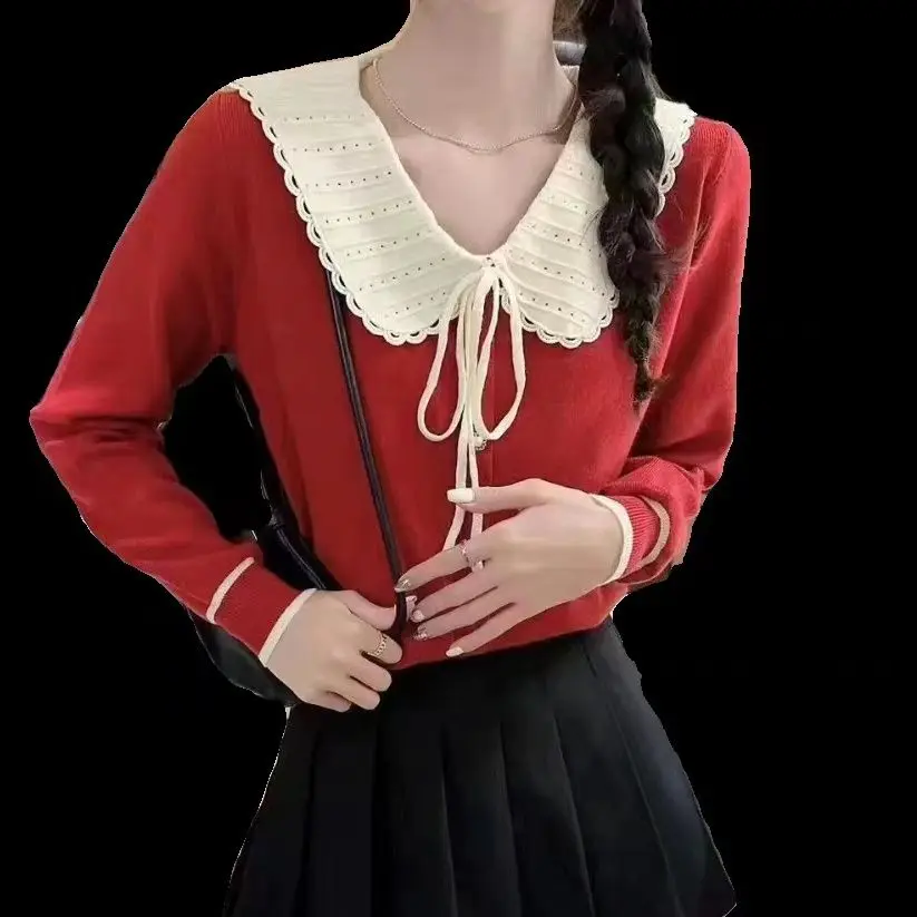 Knitted Shirt with Doll Style Knitted Base Long Sleeves for Reducing Age Bow Tie Hair New Chinese Style Top