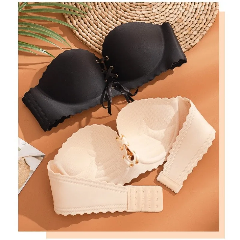 Sexy Women Strapless Push Up Bra Drawstring Gather Invisible Bras Soft Underwear Bralette Tops Solid Color Lace Female Lingerie