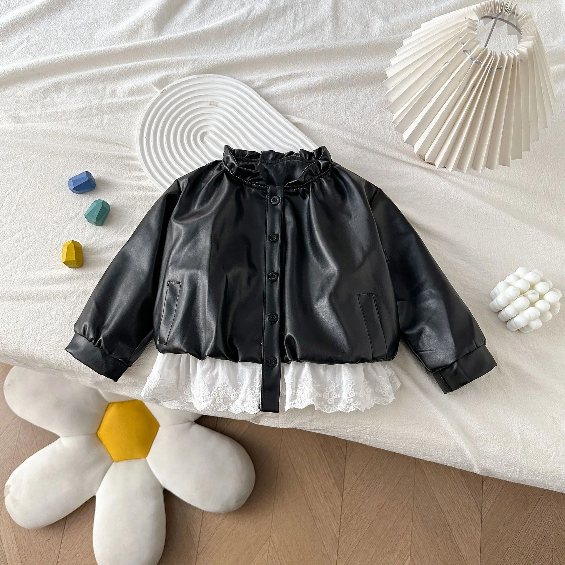 Girls Leather Jacket with Lace Trim Korean Style Spring Autumn Coat for Kids Causal Chic Winter Top