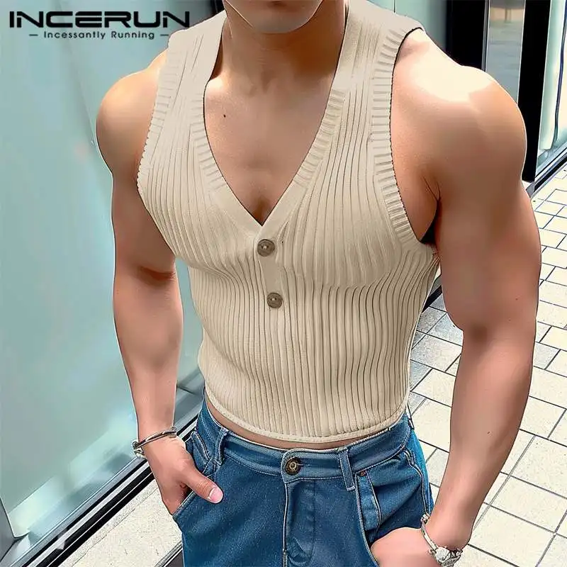 INCERUN Men Tank Tops Solid Color V Neck Sleeveless Knitted Summer Male Vests Streetwear 2024 Skinny Fashion Men Clothing S-3XL