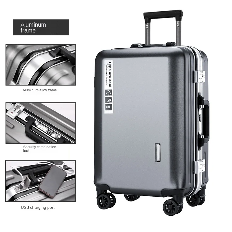 aluminium luggage 20 inch boarding bag durable aluminum suitcase Multifunctional USB charging permitted to both men and women