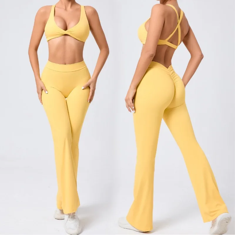 

Seamless Yoga Sets for Women - Brushed Fabric Flared Pants & Beauty Back Bra, Hip Lift Gym Leggings Workout Fitness Suits