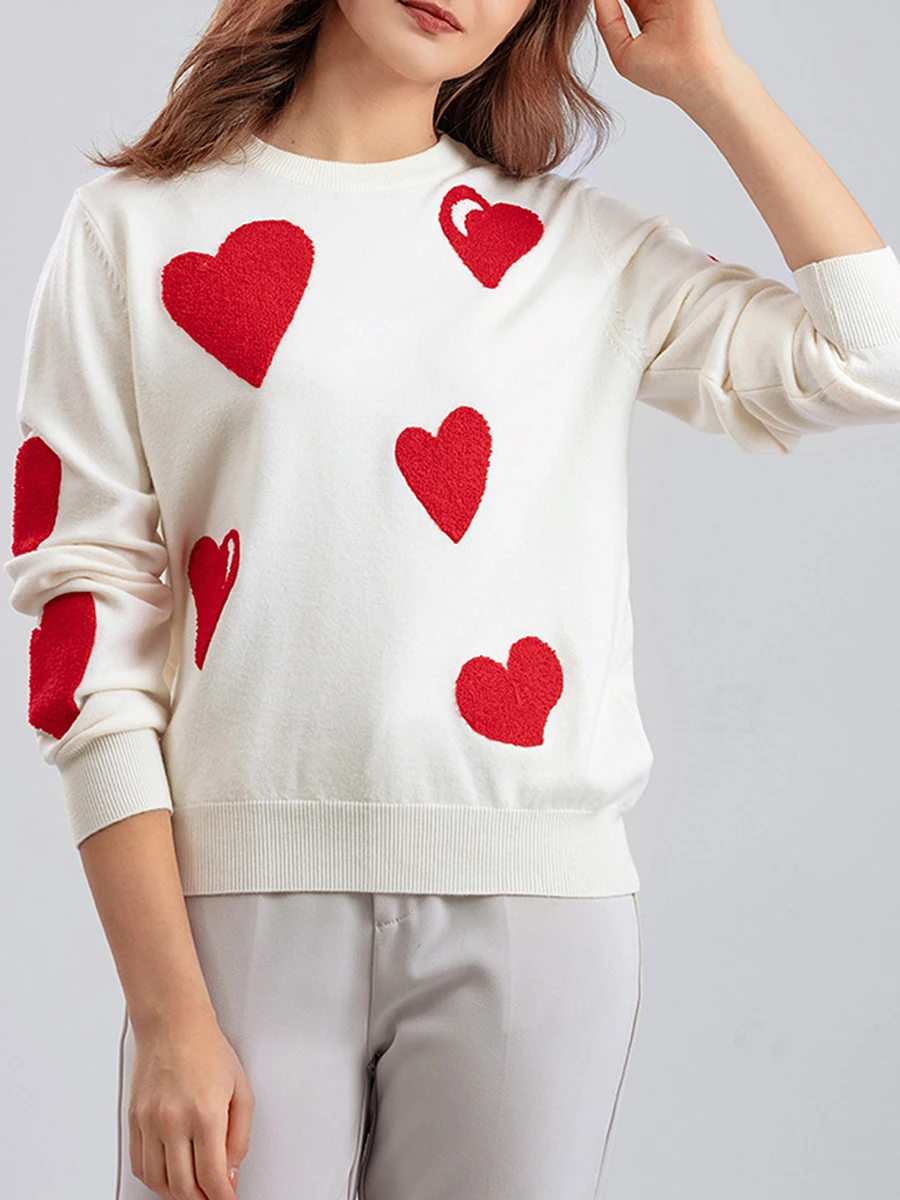 

Women Loose Knit Sweater Valentine's Day Heart Fuzzy Embroidery Long Sleeve Pullovers Fall Winter Crew Neck Jumpers Streetwear